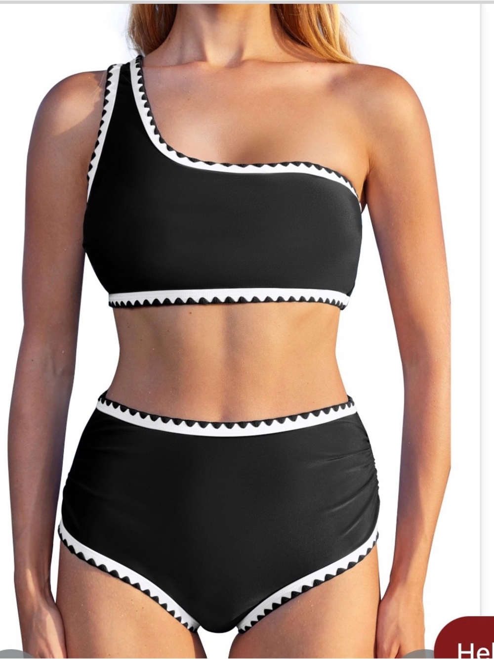One-Shoulder Black High-Waist Bikini with Contrast Trim